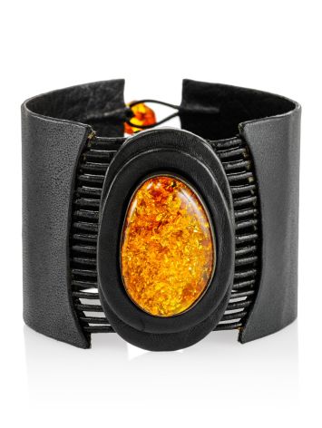 Striking leather cuff bracelet with a solid sparkling amber “Amazon”, Length: 19, image 