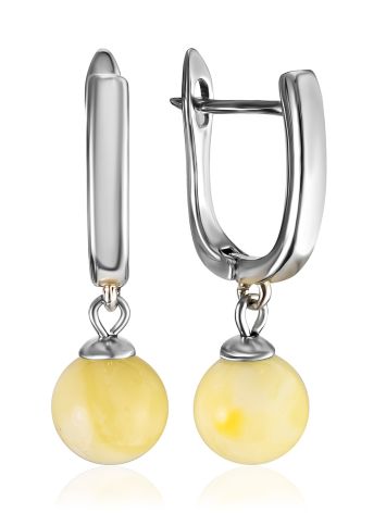 Elegant dangle earrings with polished natural amber spheres, image 
