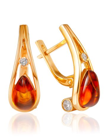 Elegant "Hermia" Earrings with Cognac Amber and Crystals, image 
