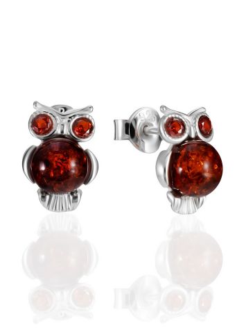Miniature "Owl" Stud Earrings with Amber and Crystals, image 