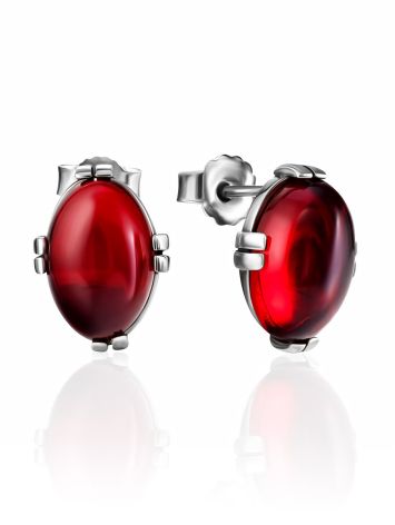 Small lightweight stud earrings with red amber, image 
