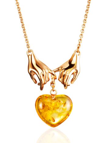 Cute Amber Heart Pendant Necklace "Hand In Hand", image 