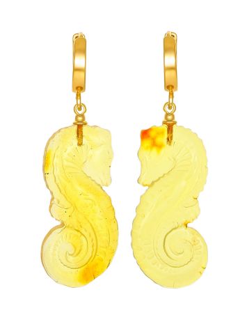 Original earrings with natural lemon-colored amber "Seahorse", image 