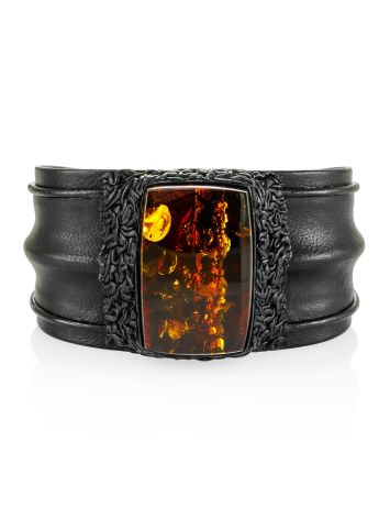Luxurious "Nefertiti" bracelet made of black leather and natural amber, Length: 15.5, image 
