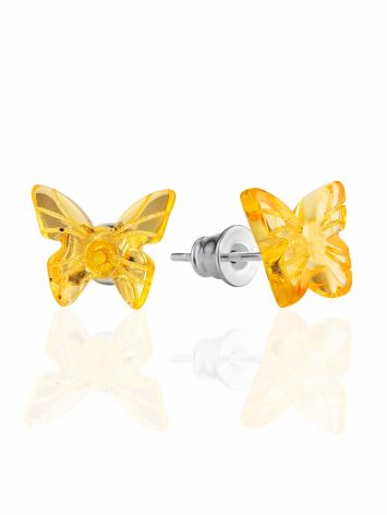 Dainty butterfly stud earrings featuring natural lemon amber, image 