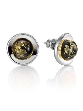 Fashionable Round Stud Earrings With Green Amber, image 