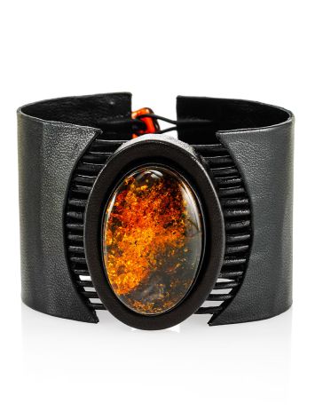 Wide leather bracelet with oval natural sparkling amber insert "Amazon", Length: 17, image 