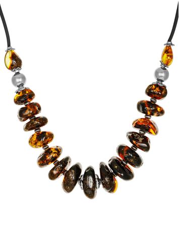 Stylish "Large washers" necklace made of natural dark amber on silicone cord, Length: 51, image 