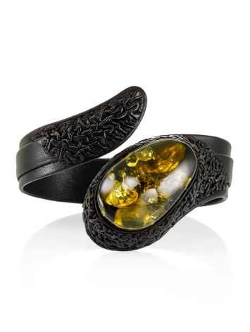 Stylish snake bracelet made of leather and natural green amber, image 