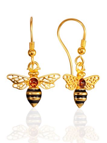 Bright Gold-Plated Hook Earrings with Amber "Winnie the Pooh", Length: 3.3, image 