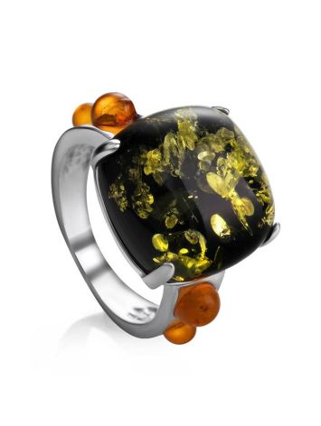 Voluptuous Silver Ring With Green And Cognac Amber The Prussia, Ring Size: 11 / 20.5, image 
