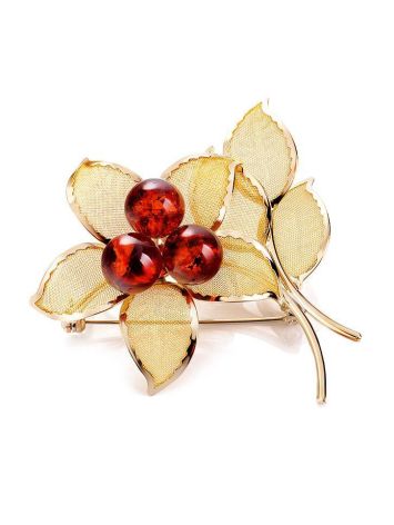 Gold Plated Brooch With Bright Cognac Amber The Beoluna, image 