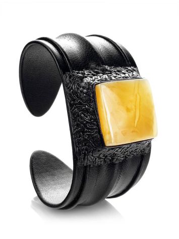 Black Leather Cuff Bracelet With Honey Amber The Nefertiti, image 