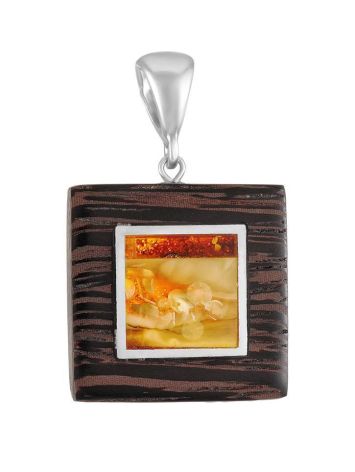 Handmade Square Pendant With Amber And Wood The Indonesia, image 