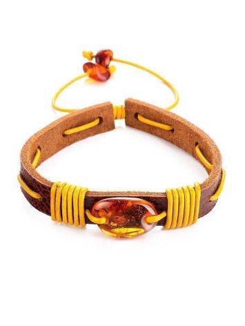 Leather Pull And Tie Bracelet With Cognac Amber The Copacabana, image 