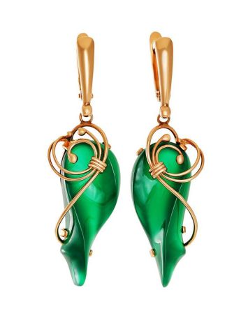 Golden Dangle Earrings With Green Synthetic Onyx The Serenade, image 