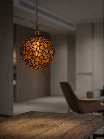 Exquisite chandelier featuring a round globe shade crafted from natural amber mosaic, image , picture 2