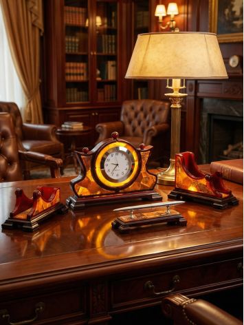 Natural amber desk set with an integrated clock, image , picture 2
