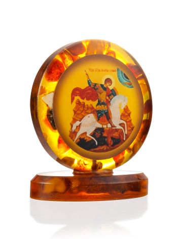St. George the Victorious small icon in an ornate cast frame accented with natural amber, image , picture 3