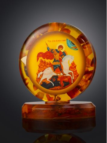 St. George the Victorious small icon in an ornate cast frame accented with natural amber, image , picture 2