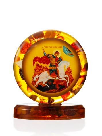 St. George the Victorious small icon in an ornate cast frame accented with natural amber, image 