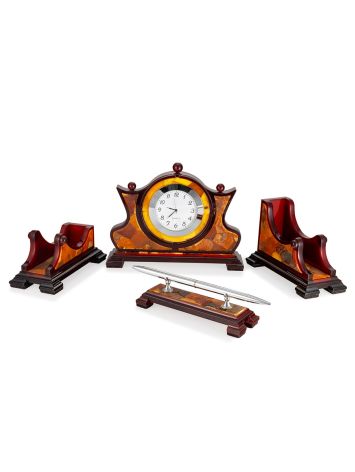 Natural amber desk set with an integrated clock, image 