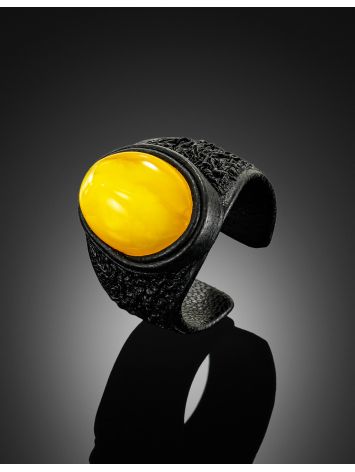 Daring genuine leather ring featuring a honey amber insert, Ring Size: Adjustable, image , picture 2