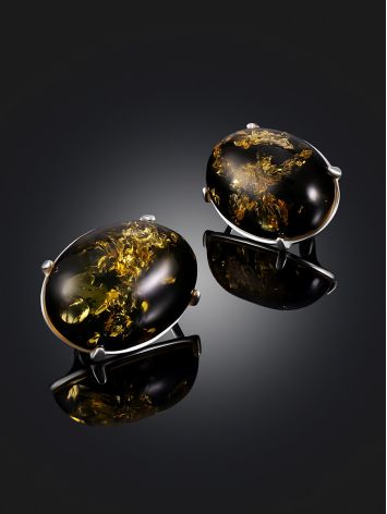Sleek silver earrings with sparkling green amber “Goji”, image , picture 2