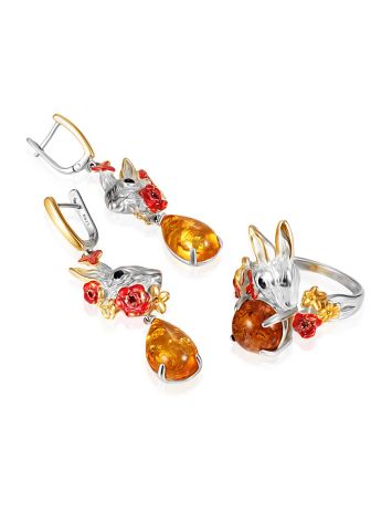 Vibrant and unique "Rabbit" earrings crafted from gold-plated silver and amber, image , picture 3