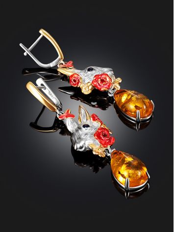 Vibrant and unique "Rabbit" earrings crafted from gold-plated silver and amber, image , picture 2