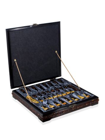 Exquisite 2-in-1 game set featuring a wooden and amber chessboard, matching chess pieces, and checkers, image , picture 3