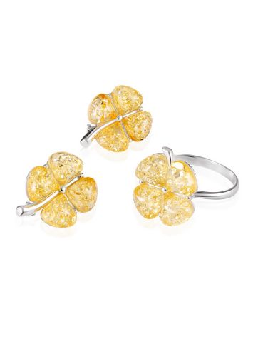 Shiny silver earrings with lemon amber “Clover”, image , picture 3