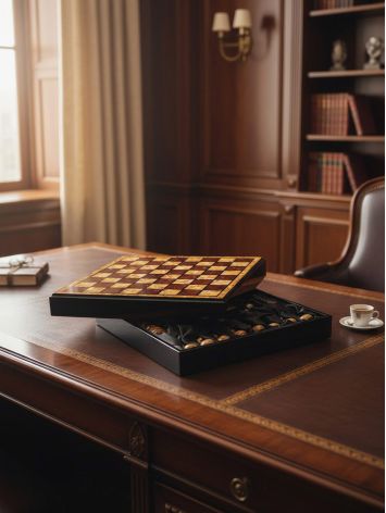 Exquisite 2-in-1 game set featuring a wooden and amber chessboard, matching chess pieces, and checkers, image , picture 2