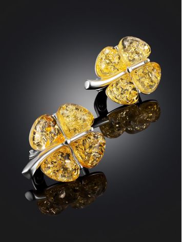 Shiny silver earrings with lemon amber “Clover”, image , picture 2