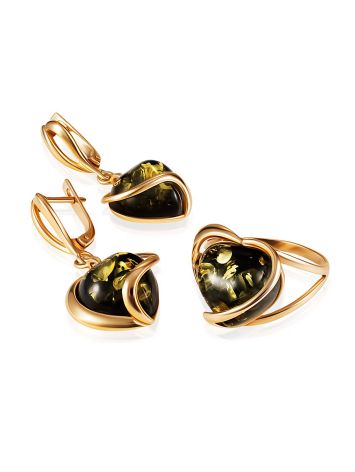 Unusual earrings with natural green amber in gold-plated silver “Heart”, image , picture 3