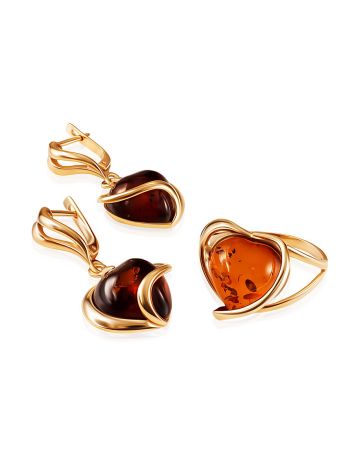 Stylish gold-plated silver earrings with natural amber “Heart”, image , picture 3