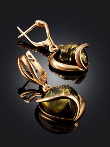 Unusual earrings with natural green amber in gold-plated silver “Heart”, image , picture 2