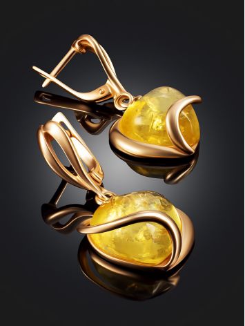 Gold-plated silver earrings with lemon amber “Heart”, image , picture 2