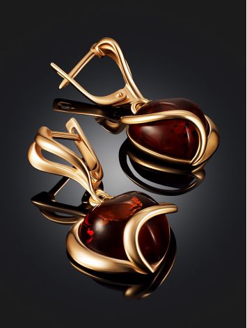 Stylish gold-plated silver earrings with natural amber “Heart”, image , picture 2
