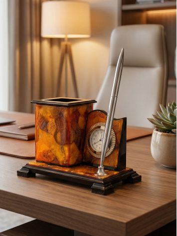 Exquisite desktop organizer crafted from natural amber, featuring a built-in timepiece and a matching amber pen, image , picture 3
