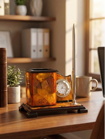 Exquisite desktop organizer crafted from natural amber, featuring a built-in timepiece and a matching amber pen, image , picture 5