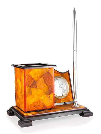 Exquisite desktop organizer crafted from natural amber, featuring a built-in timepiece and a matching amber pen, image , picture 4