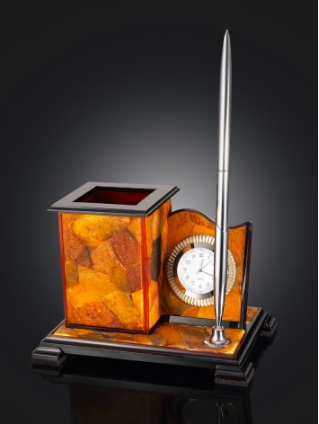 Exquisite desktop organizer crafted from natural amber, featuring a built-in timepiece and a matching amber pen, image , picture 2