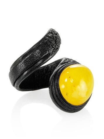 Gorgeous Leather Ring With Baltic Amber, Ring Size: Adjustable, image 