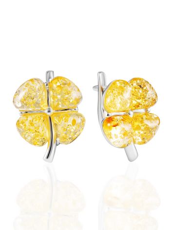 Shiny silver earrings with lemon amber “Clover”, image 
