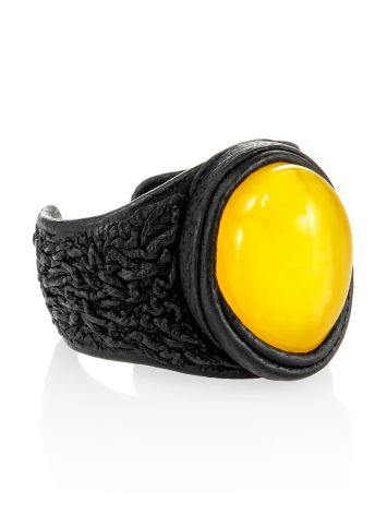 Daring genuine leather ring featuring a honey amber insert, Ring Size: Adjustable, image 