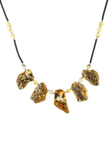 Black silicone cord necklace with natural amber, image 