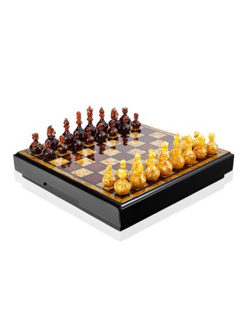Exquisite 2-in-1 game set featuring a wooden and amber chessboard, matching chess pieces, and checkers, image 