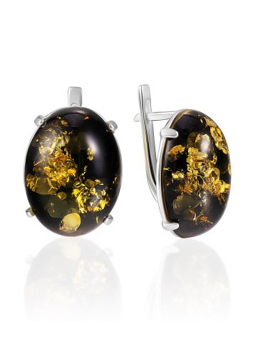 Sleek silver earrings with sparkling green amber “Goji”, image 