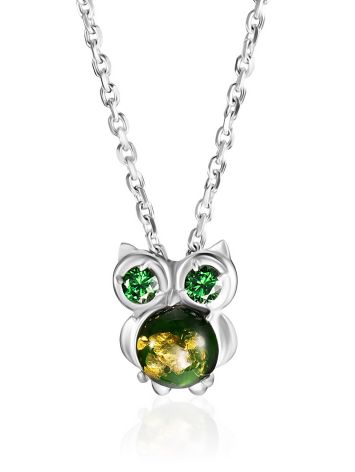Delicate silver chain necklace with an amber owl pendant, image 